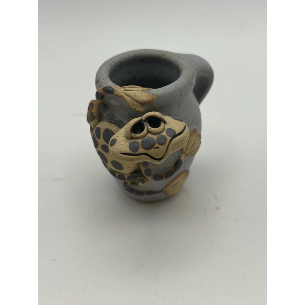 Vintage Ray & Tami Bier Pottery Charlevoix MI Folk Art Frog on Miniature Pitcher